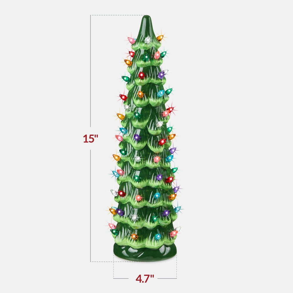 15in Ceramic Christmas Tree Hand-Painted Holiday Decor w/ LED Lights