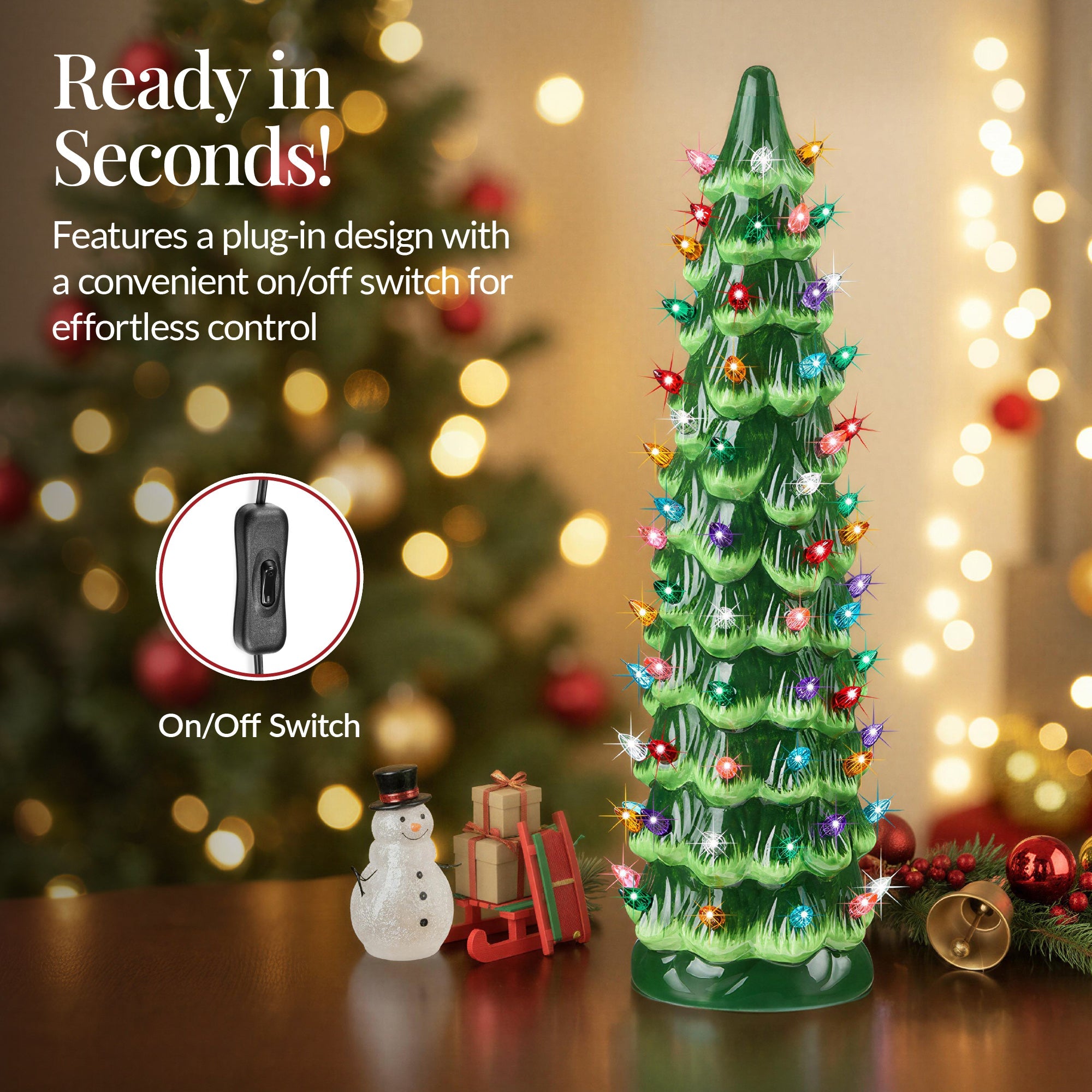 15in Ceramic Christmas Tree Hand-Painted Holiday Decor w/ LED Lights