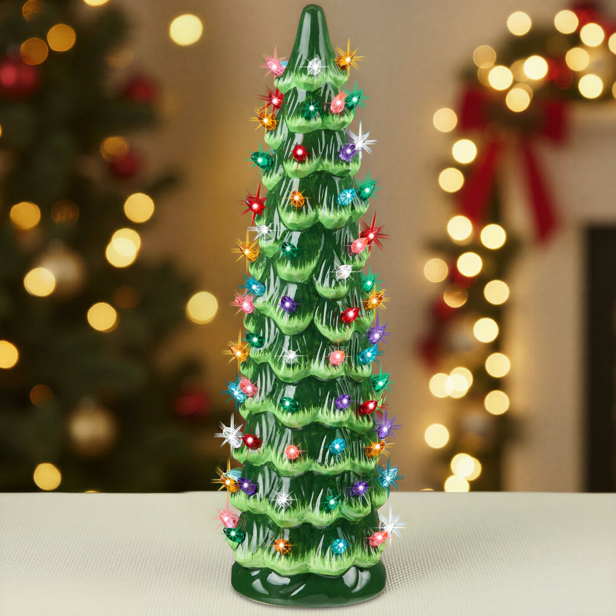 18in Ceramic Christmas Tree Hand-Painted Holiday Decor w/ LED Lights