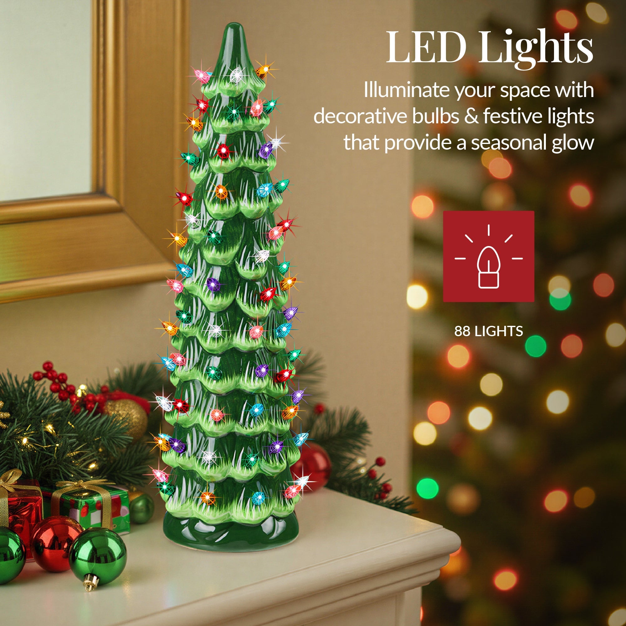 18in Ceramic Christmas Tree Hand-Painted Holiday Decor w/ LED Lights