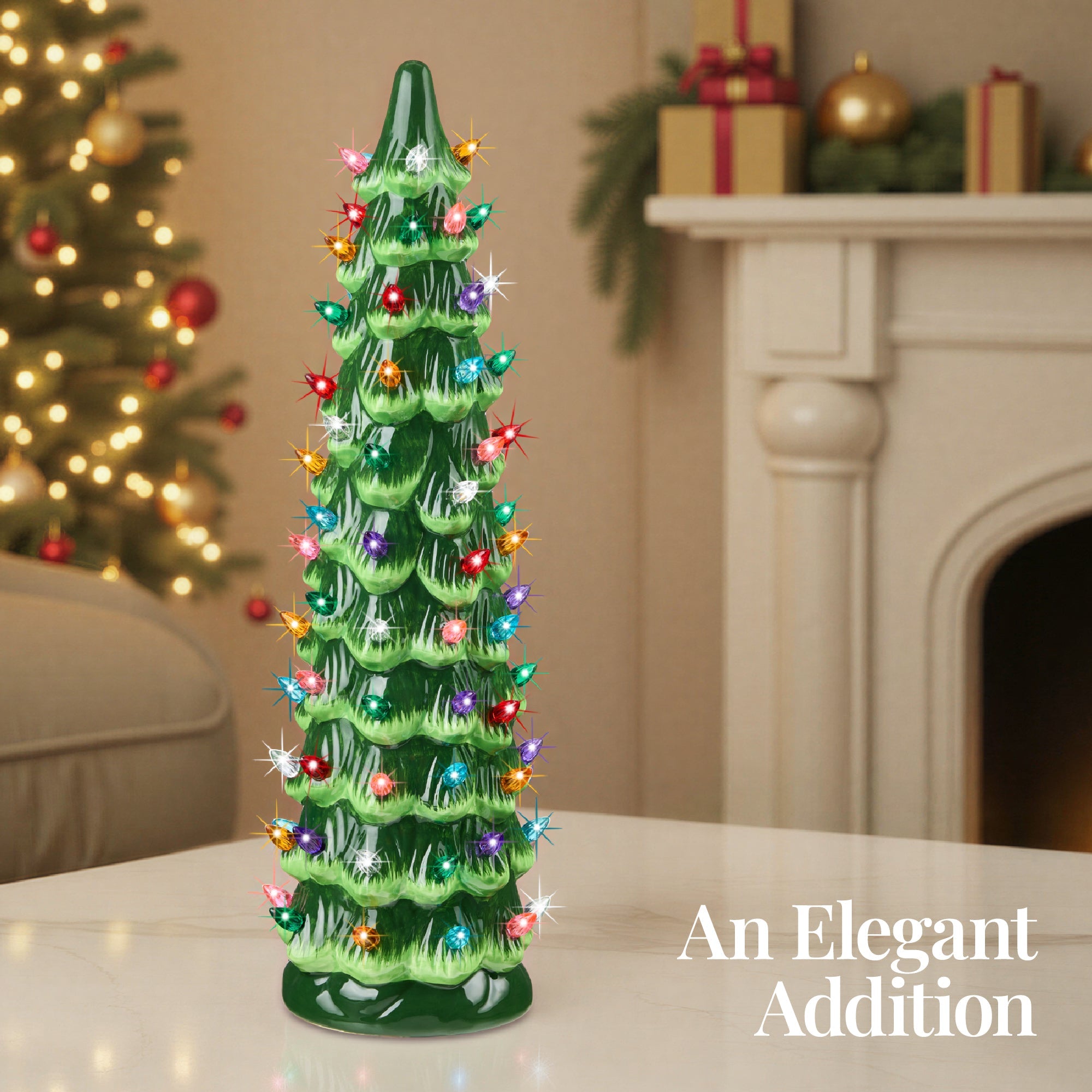 18in Ceramic Christmas Tree Hand-Painted Holiday Decor w/ LED Lights