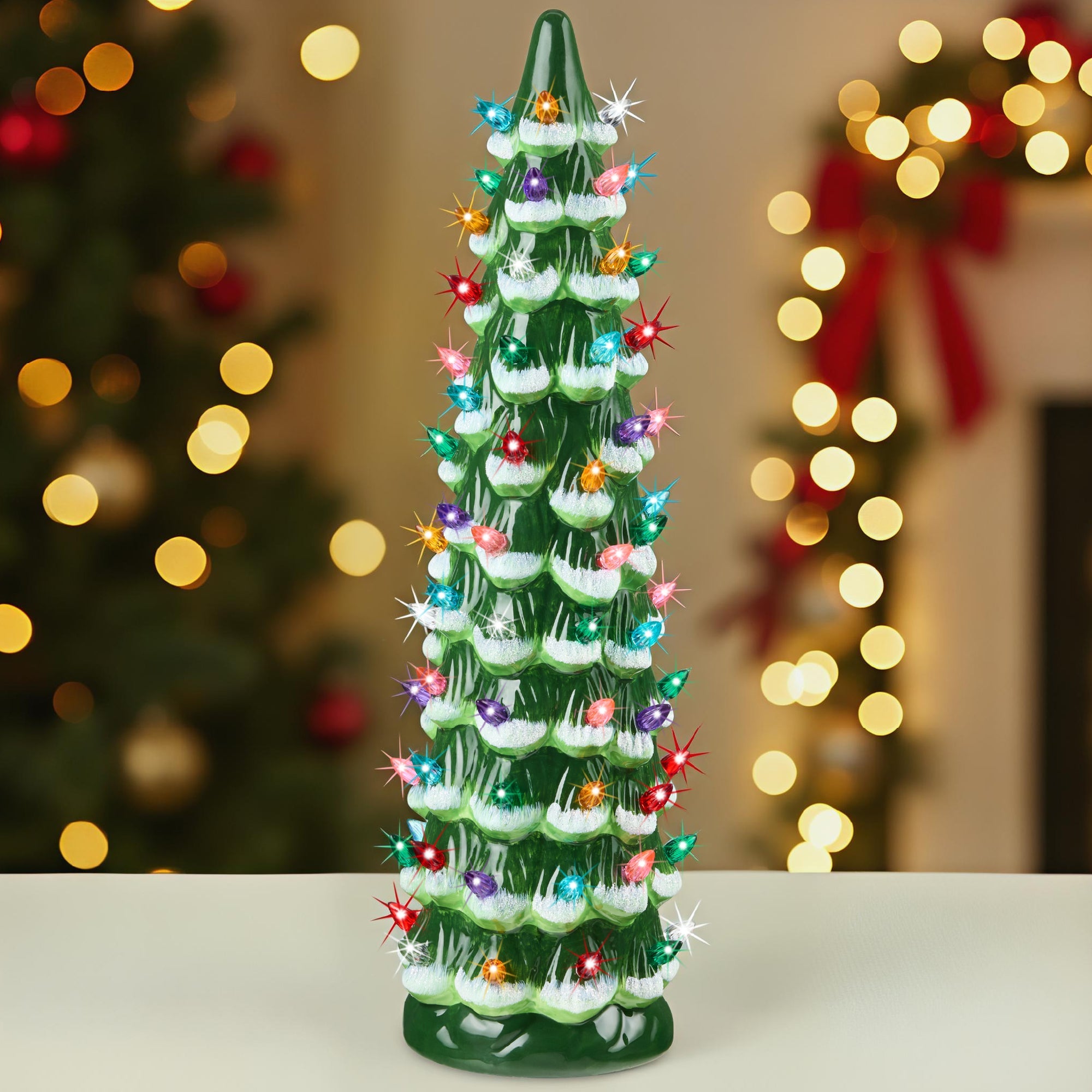18in Ceramic Christmas Tree Hand-Painted Holiday Decor w/ LED Lights