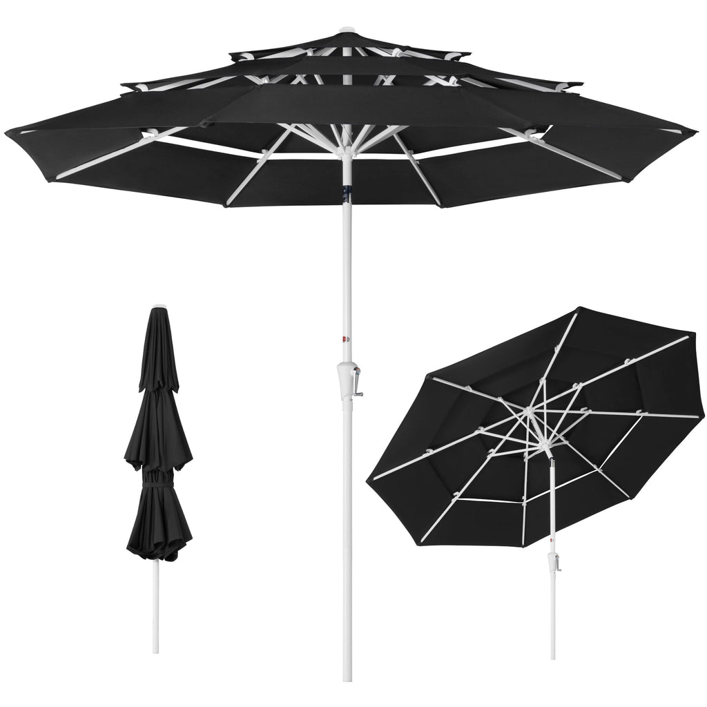 10ft 3-Tier Patio Market Umbrella White Pole Push Button Tilt Crank Lift