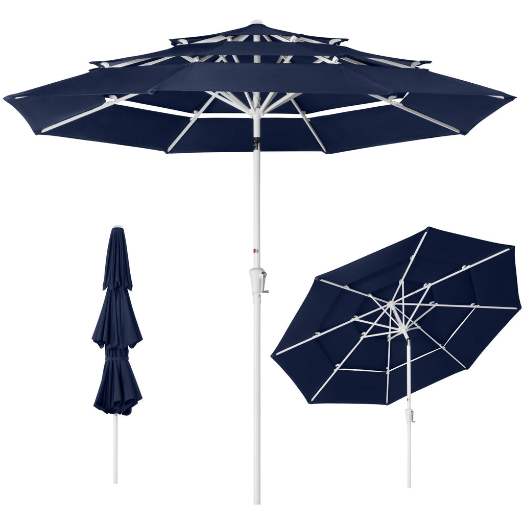 10ft 3-Tier Patio Market Umbrella White Pole Push Button Tilt Crank Lift