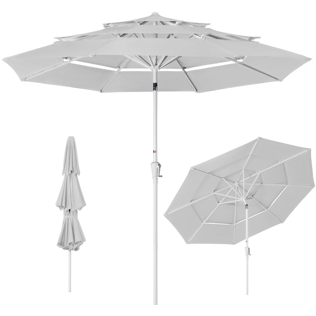 10ft 3-Tier Patio Market Umbrella White Pole Push Button Tilt Crank Lift