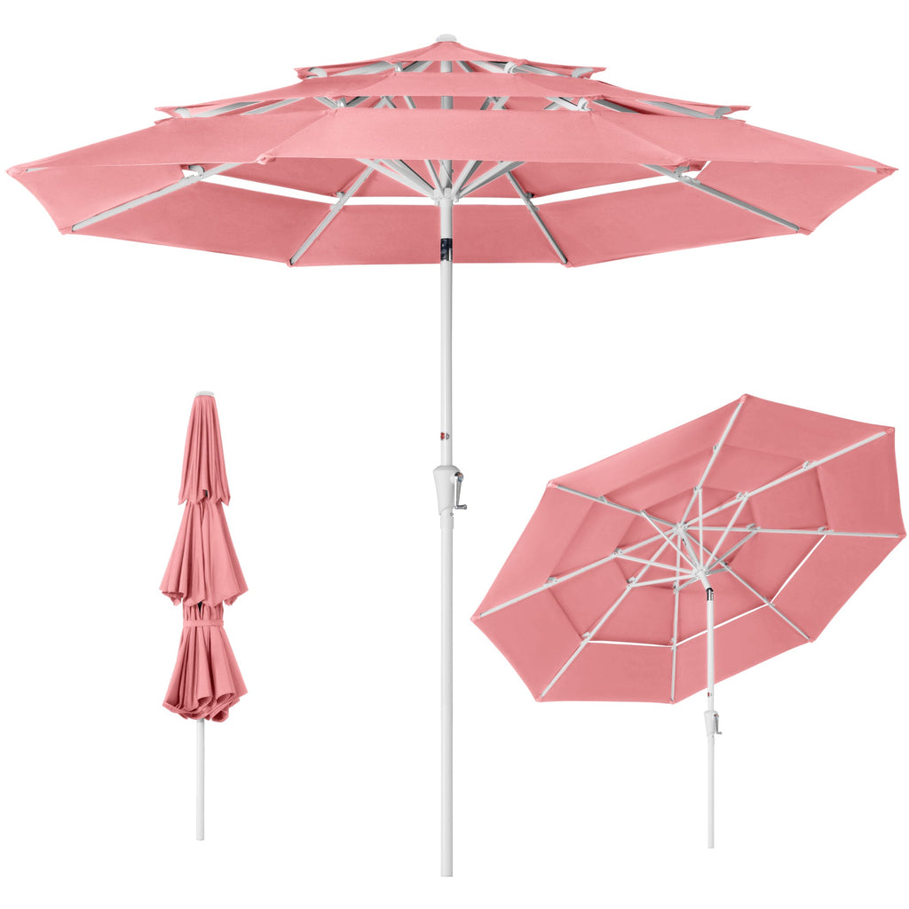 10ft 3-Tier Patio Market Umbrella White Pole Push Button Tilt Crank Lift