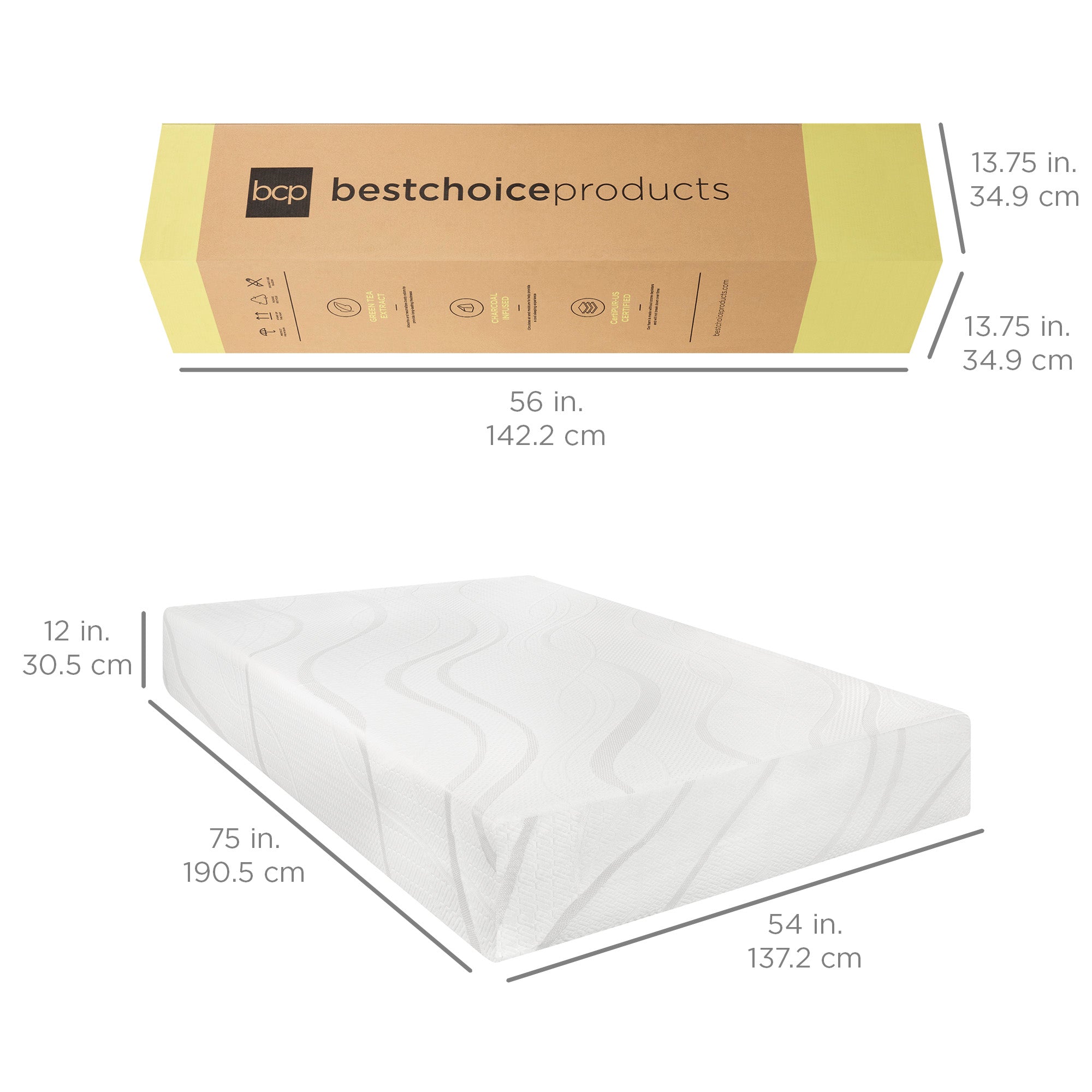 12in Medium-Plush Green Tea & Charcoal Gel Memory Foam Mattress