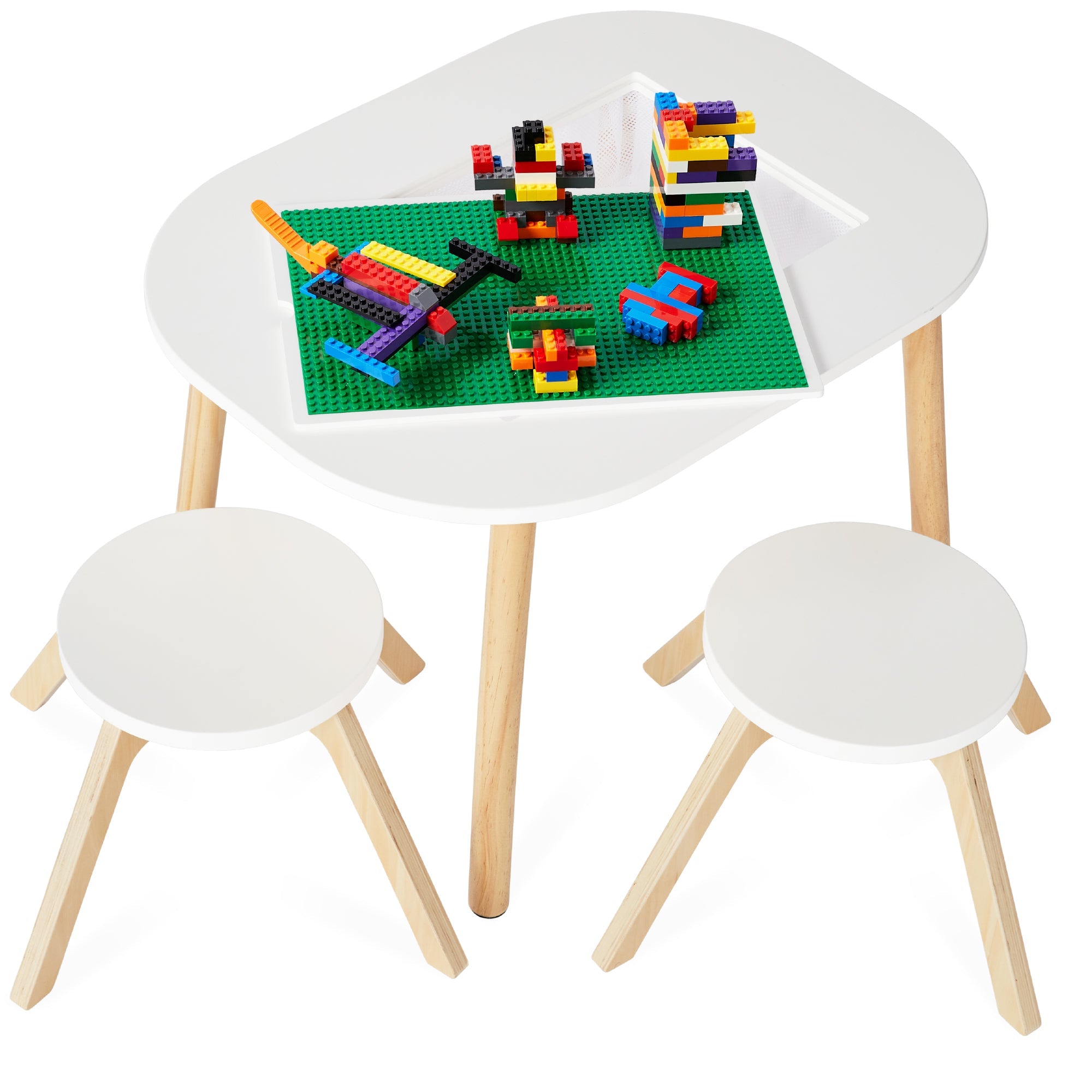 2-in-1 Kid's Building Block Table w/ 2 Stools Storage Compartment