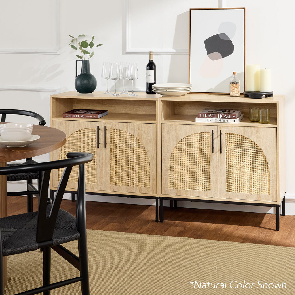 2-Door Rattan Cabinet Buffet w/ Cord Cutout & Storage Shelf Natural