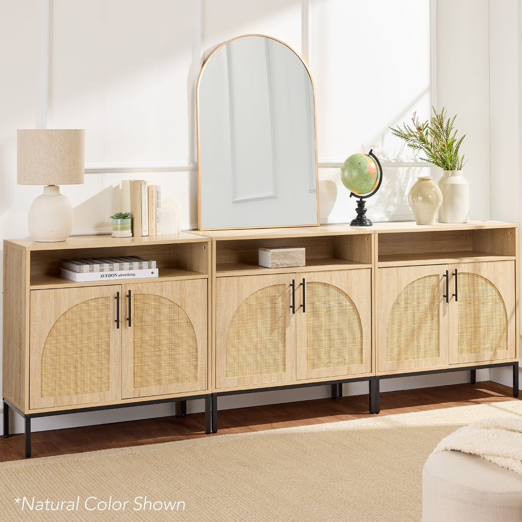 2-Door Rattan Cabinet Buffet w/ Cord Cutout & Storage Shelf Natural
