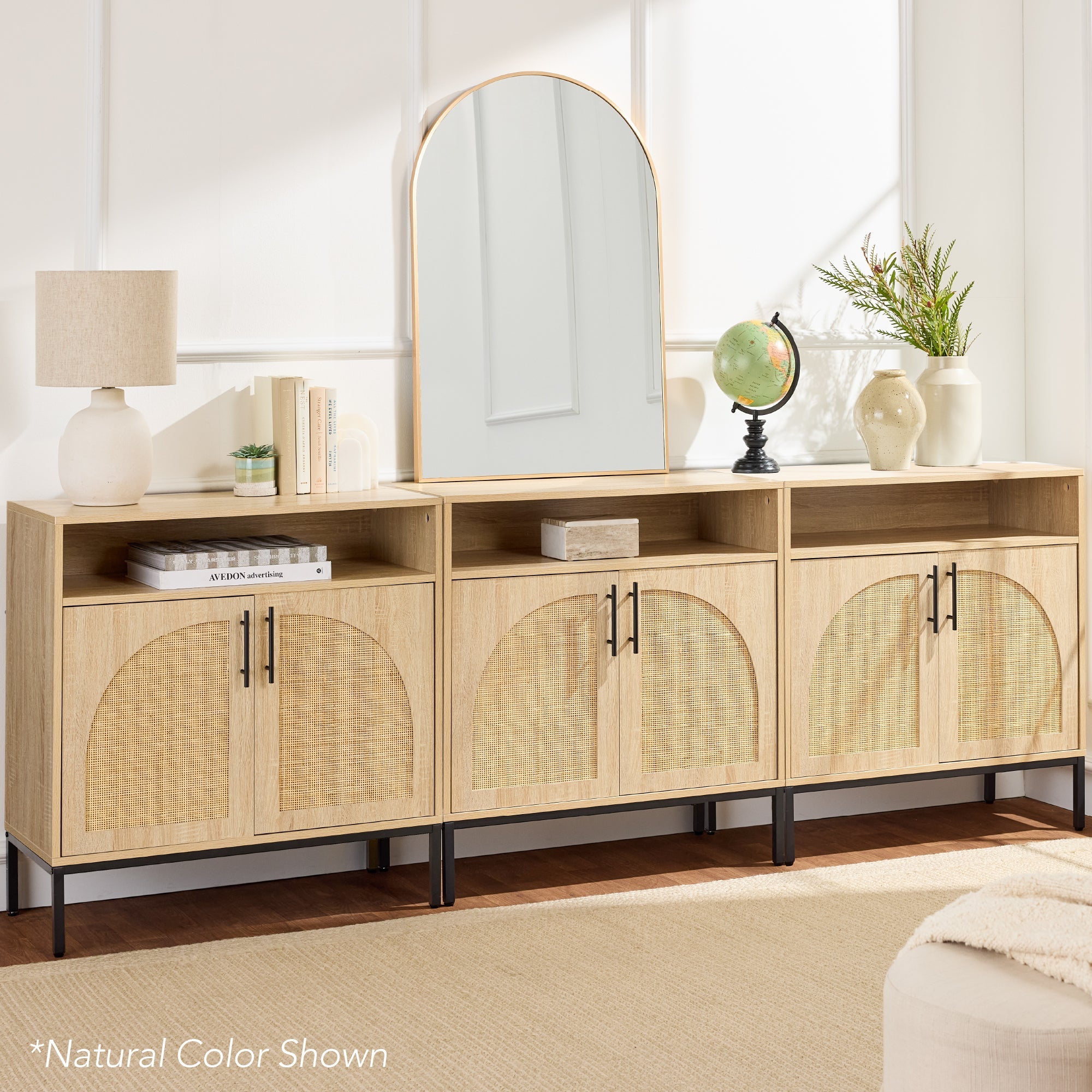 2-Door Rattan Cabinet Buffet w/ Cord Cutout & Storage Shelf Natural