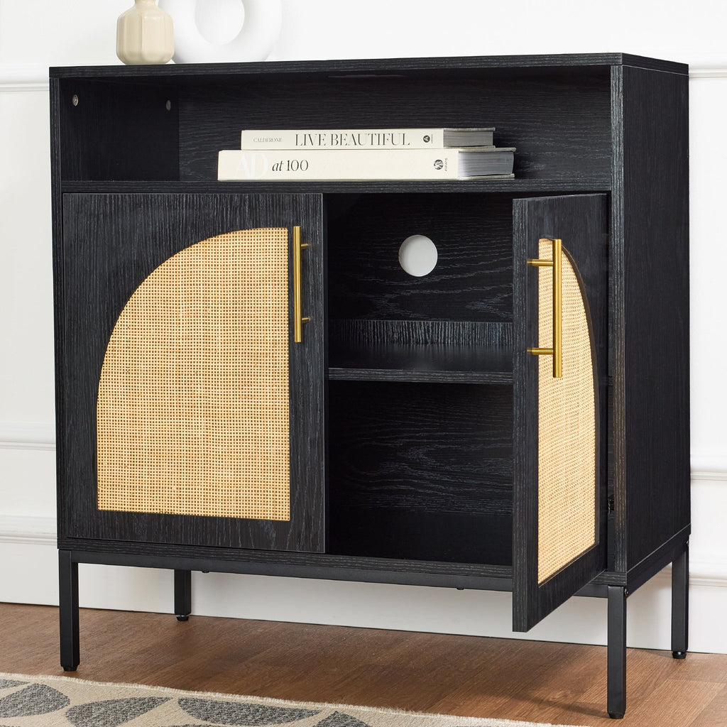 2-Door Rattan Cabinet Buffet w/ Cord Cutout & Storage Shelf Natural