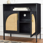 2-Door Rattan Cabinet Buffet w/ Cord Cutout & Storage Shelf Natural