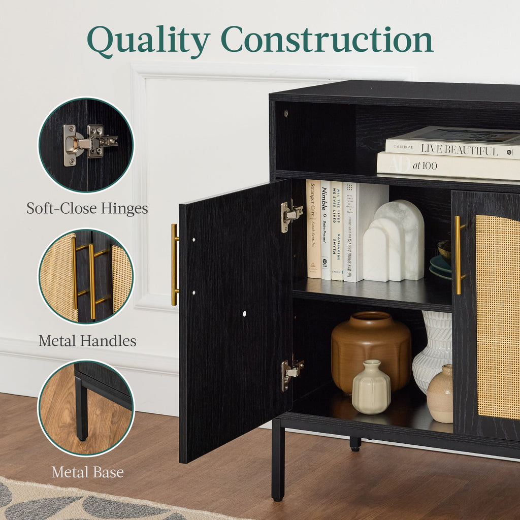 2-Door Rattan Cabinet Buffet w/ Cord Cutout & Storage Shelf Natural