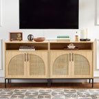 2-Door Rattan Cabinet Buffet w/ Cord Cutout & Storage Shelf Natural