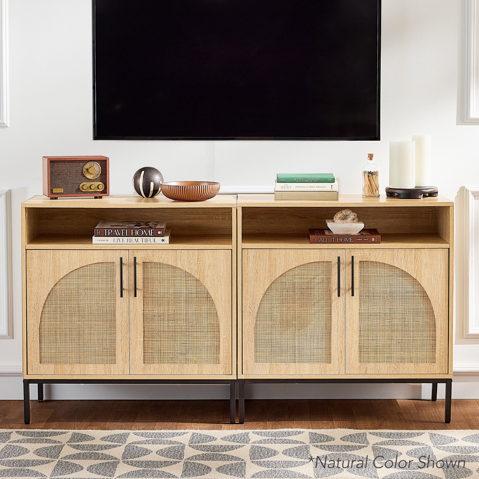 2-Door Rattan Cabinet Buffet w/ Cord Cutout & Storage Shelf Natural