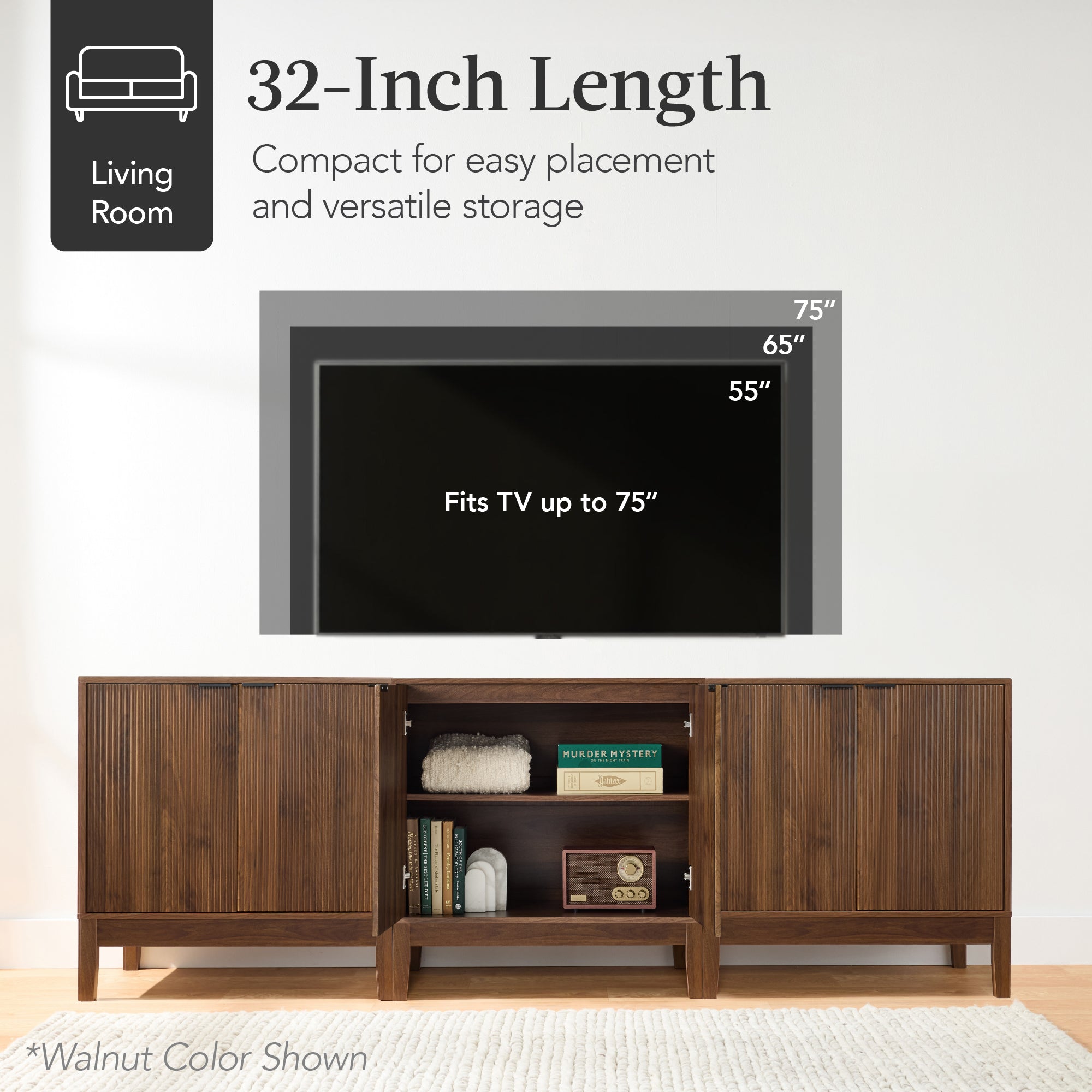 2-Door Reeded Storage Cabinet Accent Furniture Sideboard