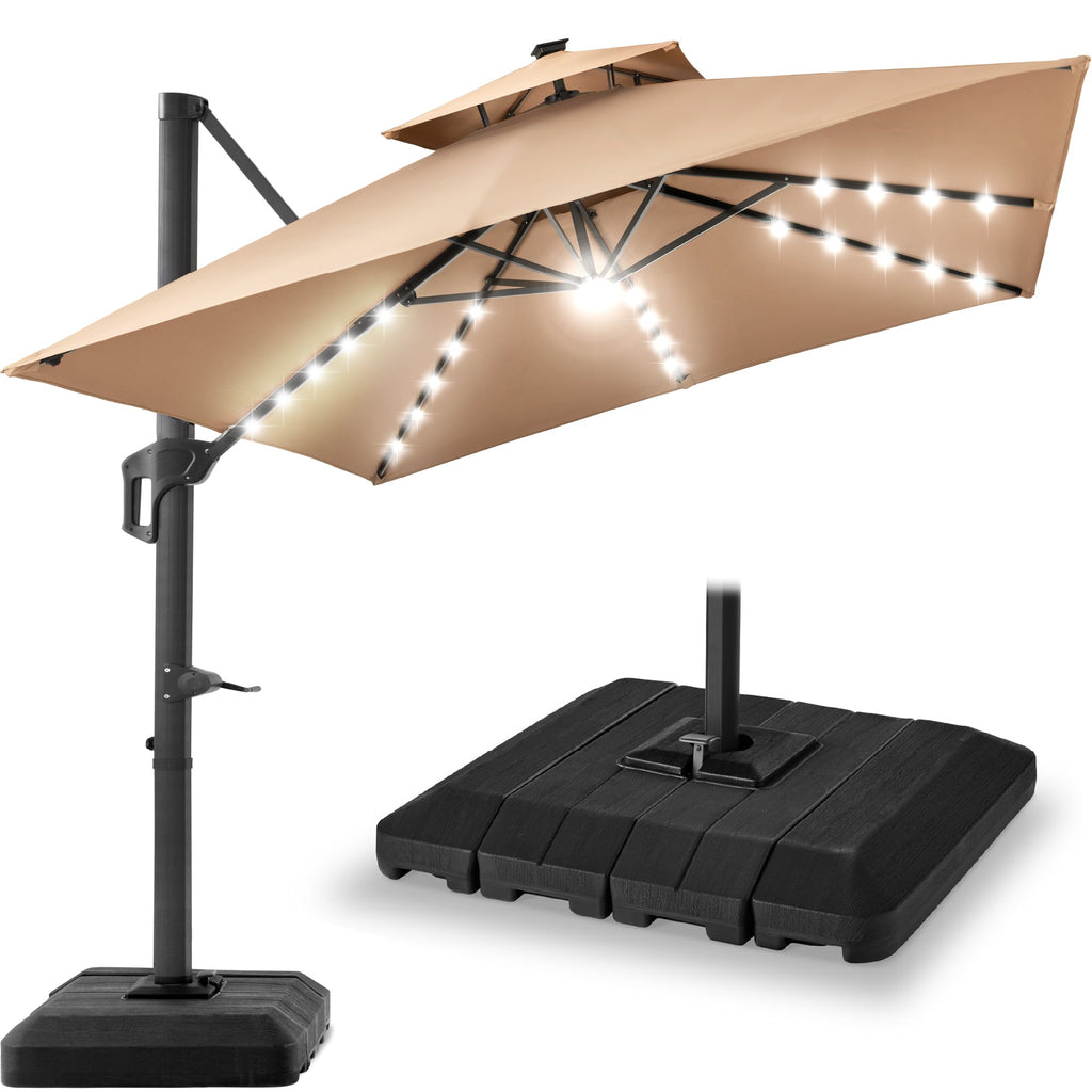 12x12ft 2-Tier Outdoor Solar LED Cantilever Patio Umbrella