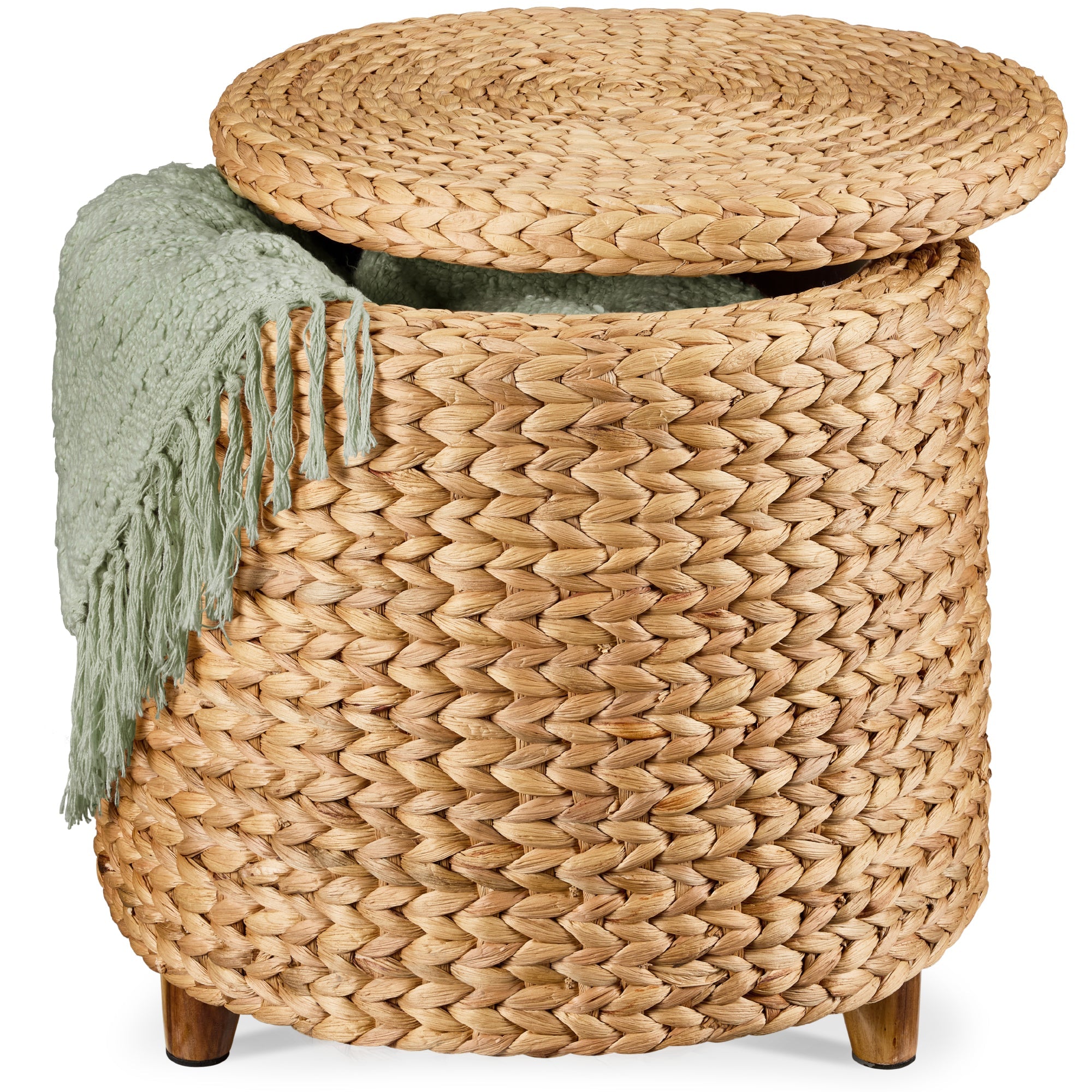 17\" Round Storage Ottoman with Lid Handwoven Water Hyacinth Footstool