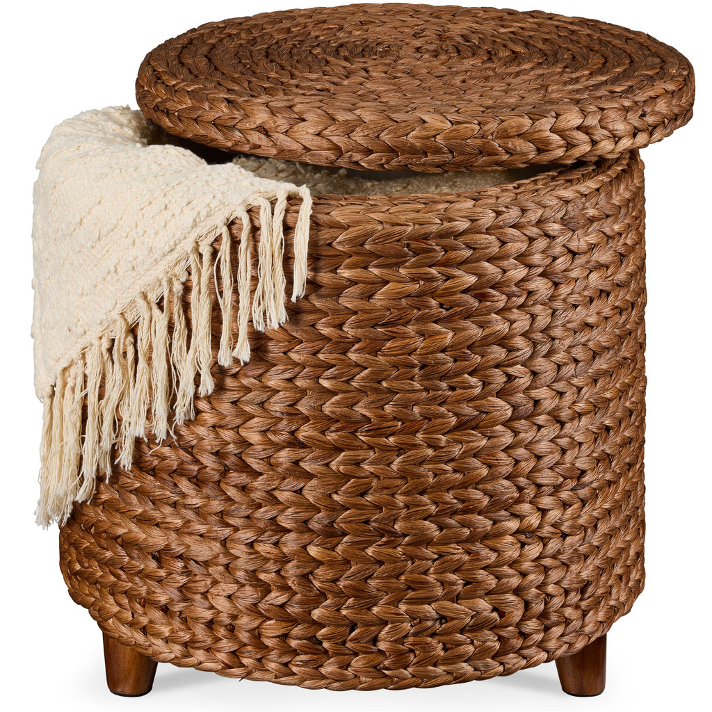 17\" Round Storage Ottoman with Lid Handwoven Water Hyacinth Footstool