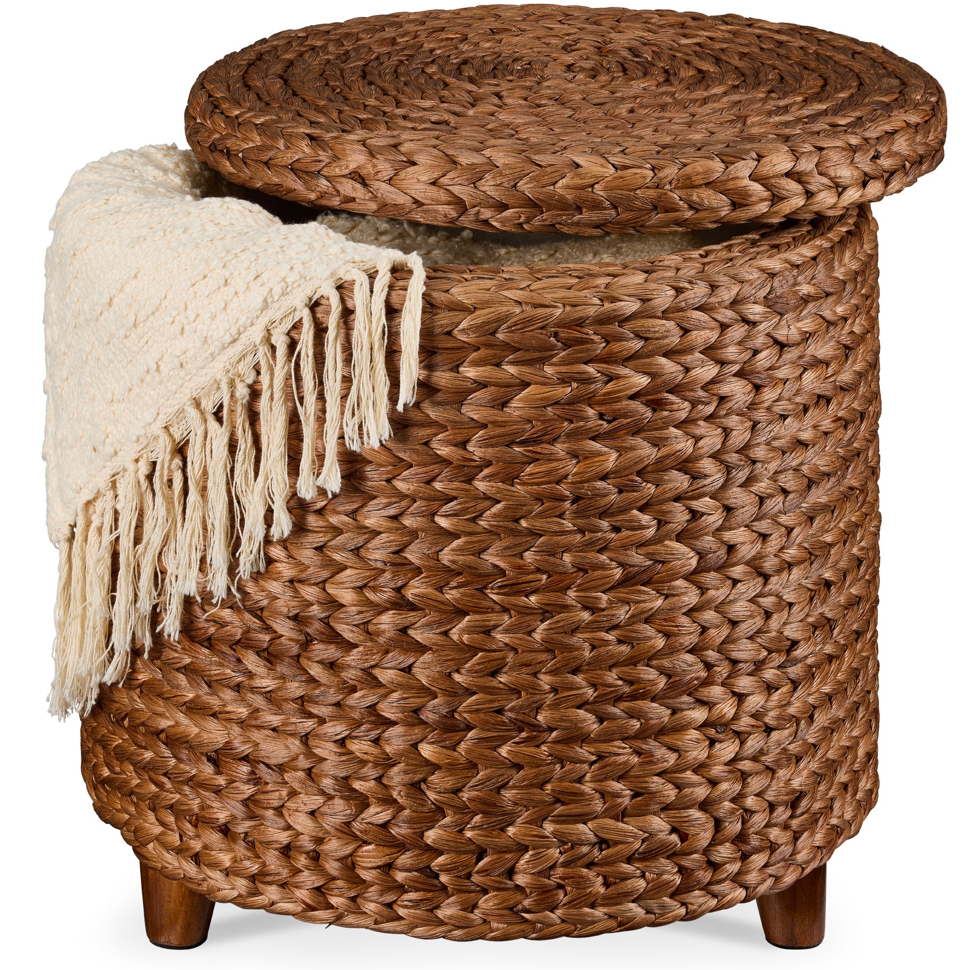 17\" Round Storage Ottoman with Lid Handwoven Water Hyacinth Footstool