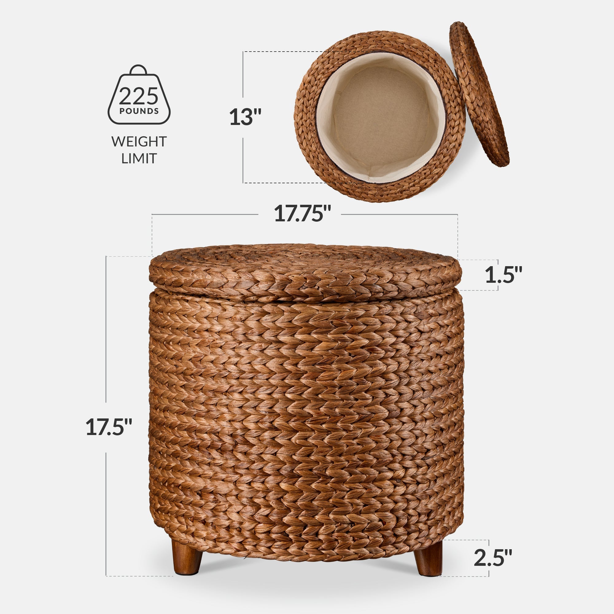 17\" Round Storage Ottoman with Lid Handwoven Water Hyacinth Footstool