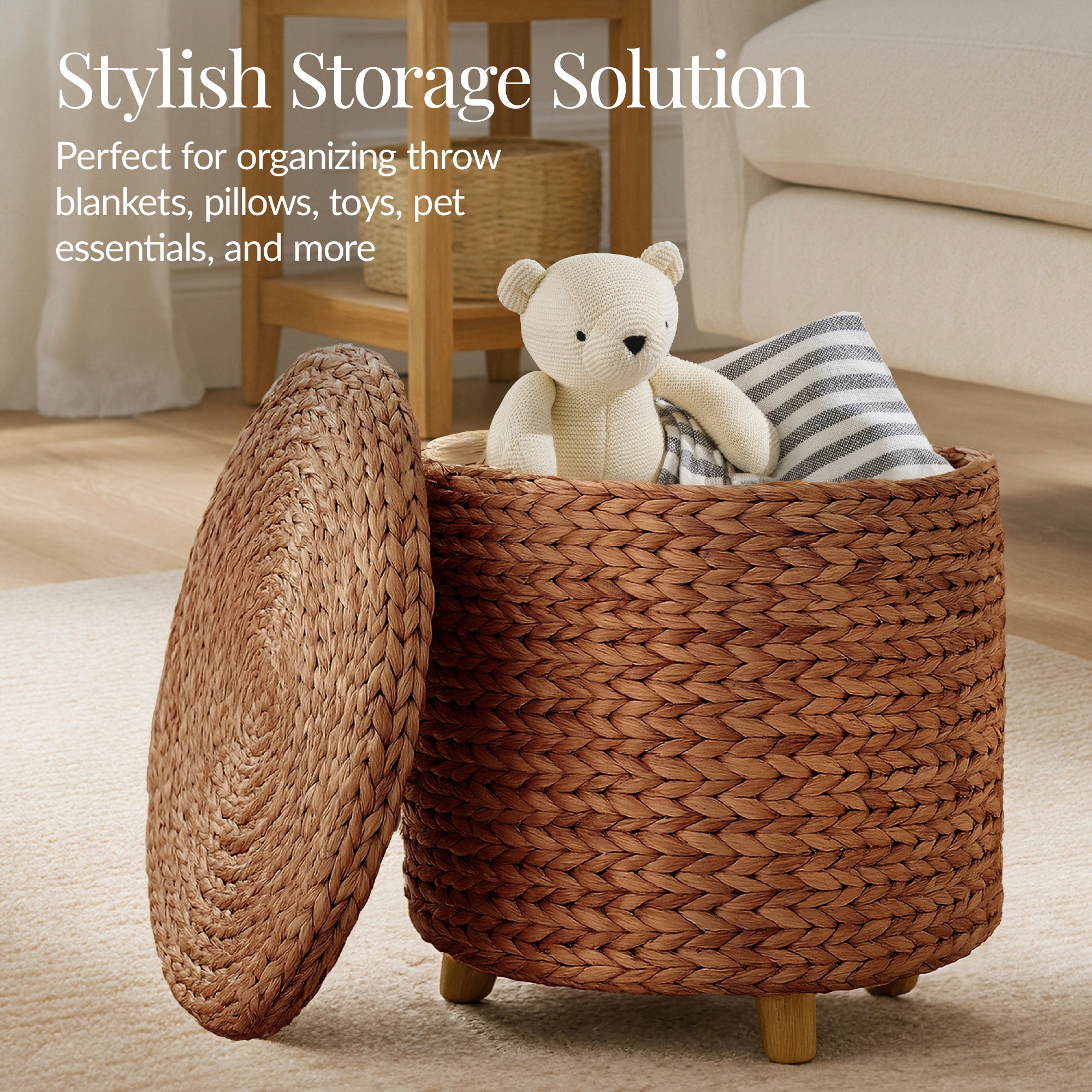 17\" Round Storage Ottoman with Lid Handwoven Water Hyacinth Footstool