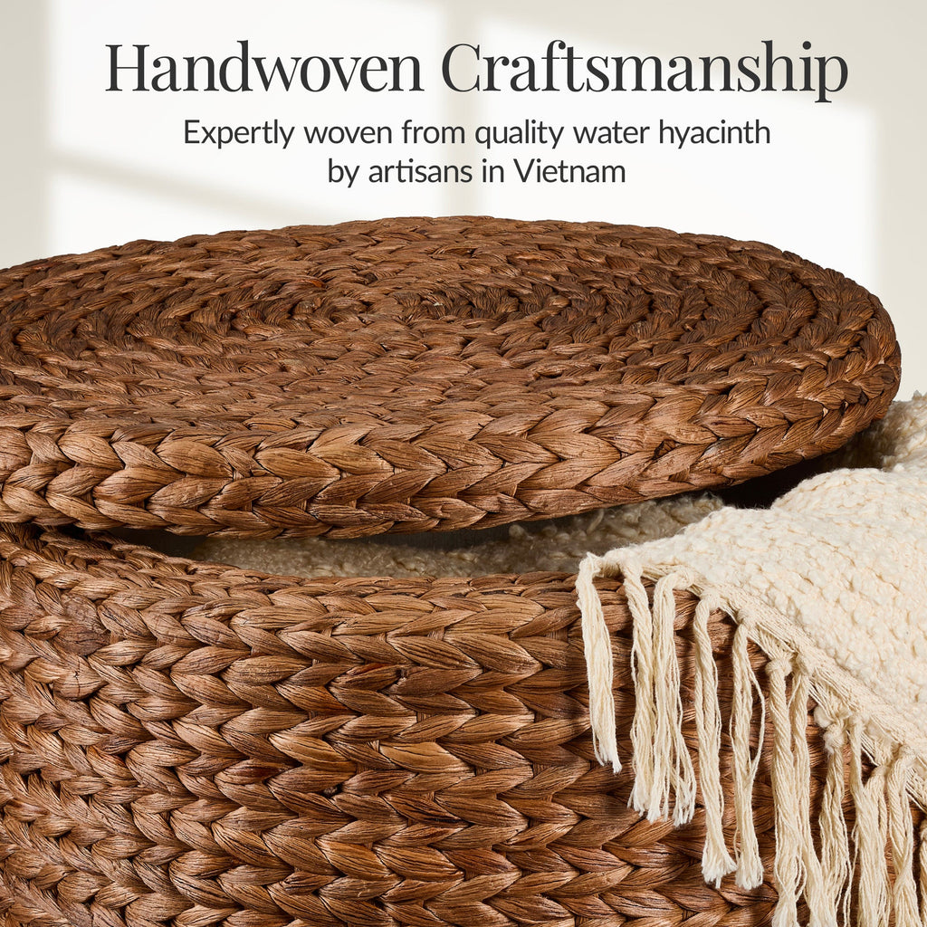17\" Round Storage Ottoman with Lid Handwoven Water Hyacinth Footstool