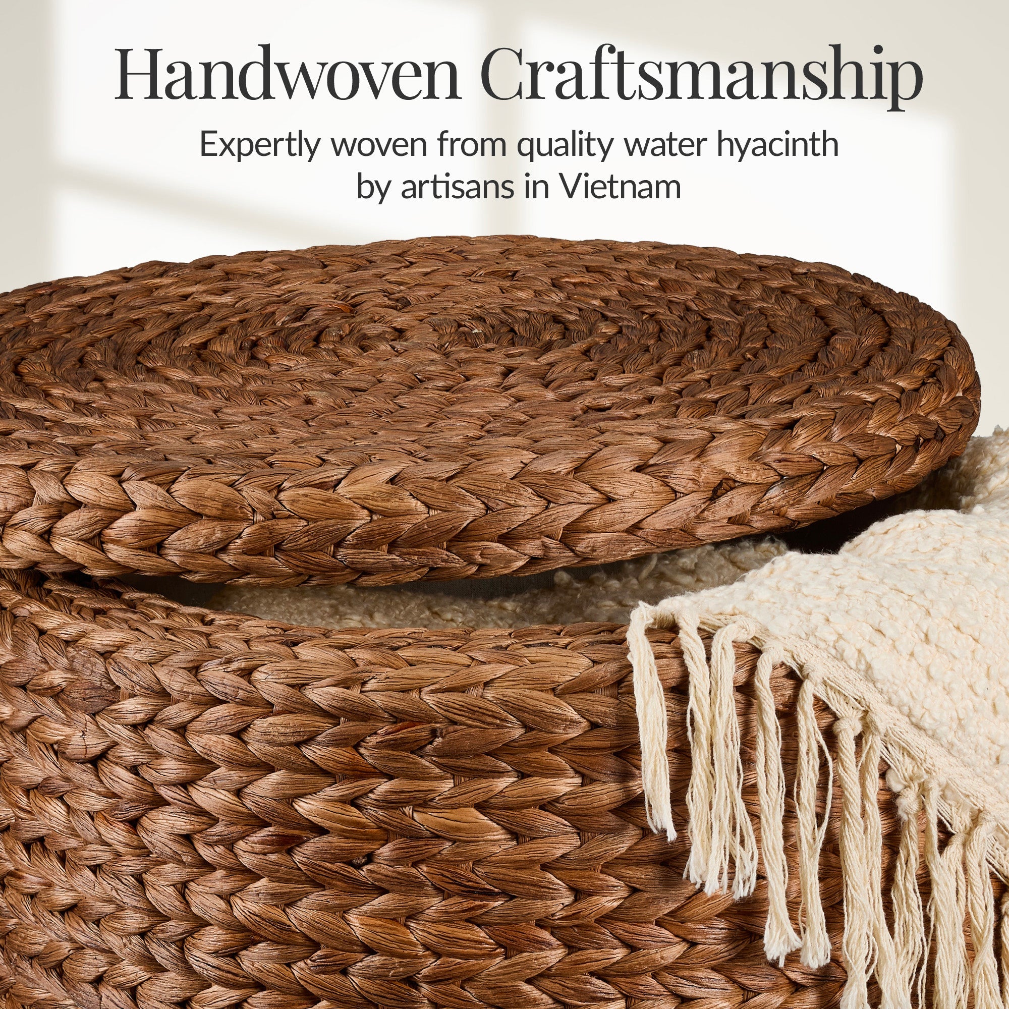 17\" Round Storage Ottoman with Lid Handwoven Water Hyacinth Footstool