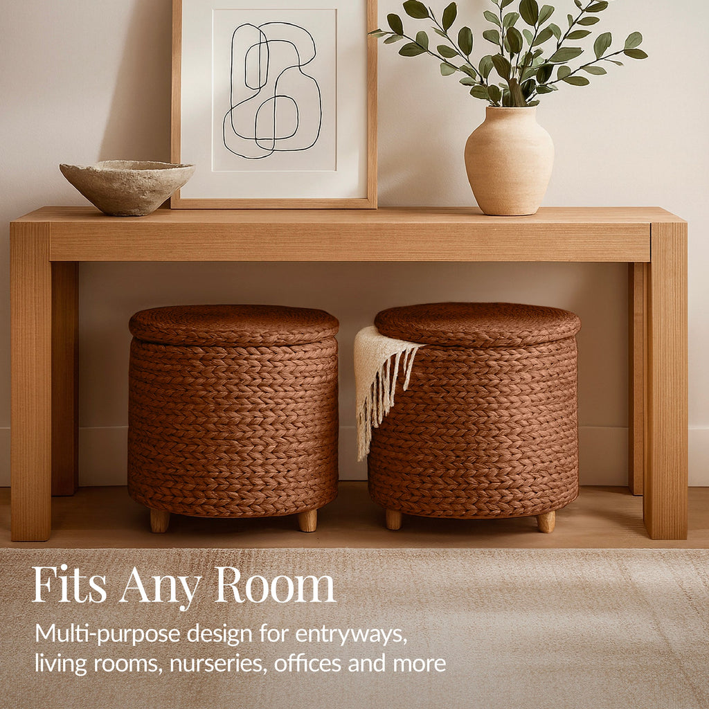 17\" Round Storage Ottoman with Lid Handwoven Water Hyacinth Footstool