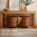 17\" Round Storage Ottoman with Lid Handwoven Water Hyacinth Footstool