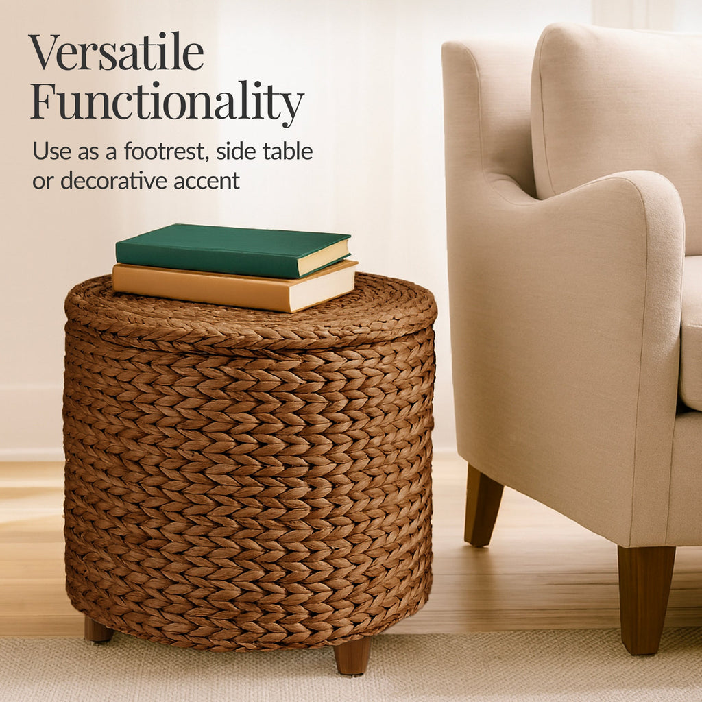 17\" Round Storage Ottoman with Lid Handwoven Water Hyacinth Footstool