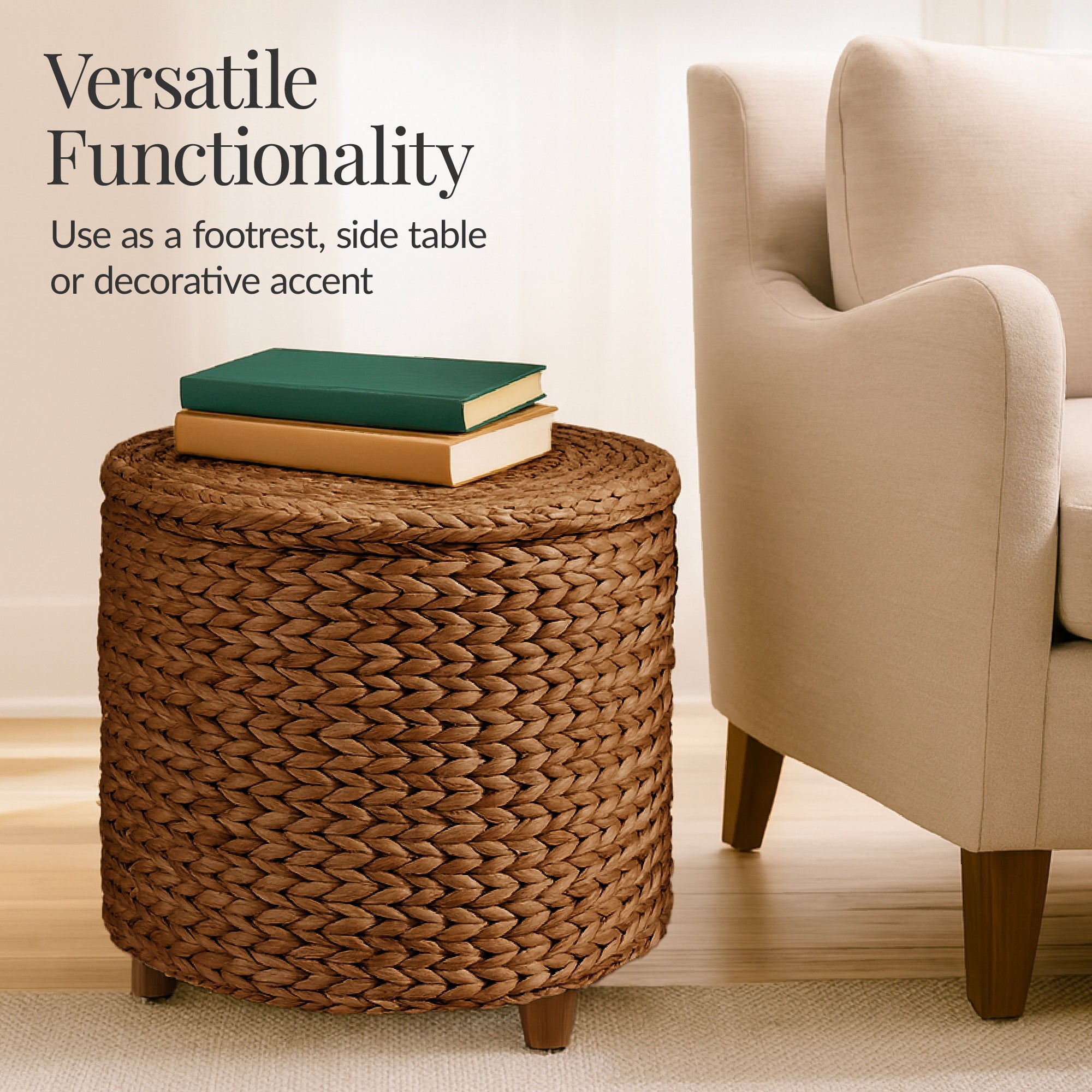 17\" Round Storage Ottoman with Lid Handwoven Water Hyacinth Footstool
