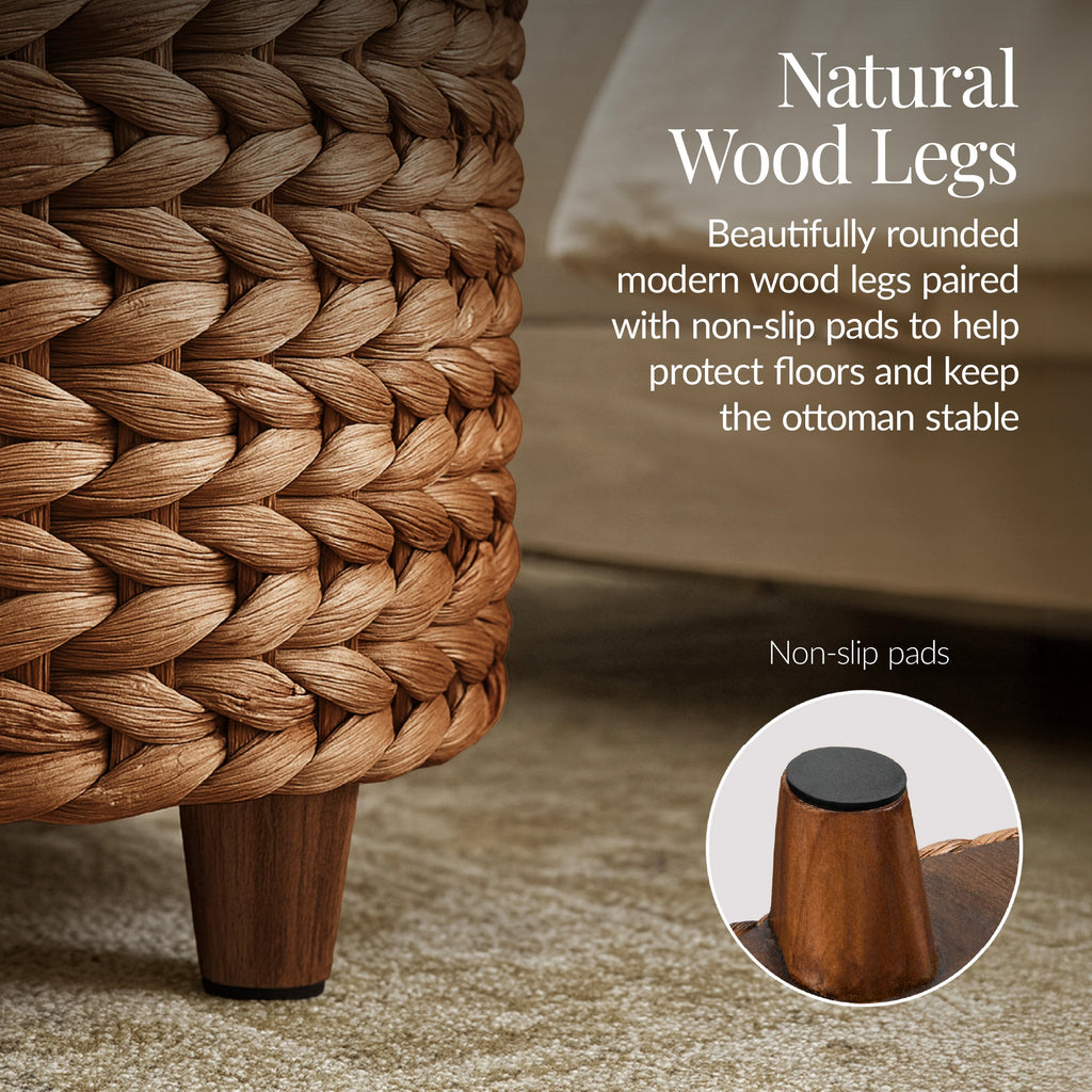 17\" Round Storage Ottoman with Lid Handwoven Water Hyacinth Footstool