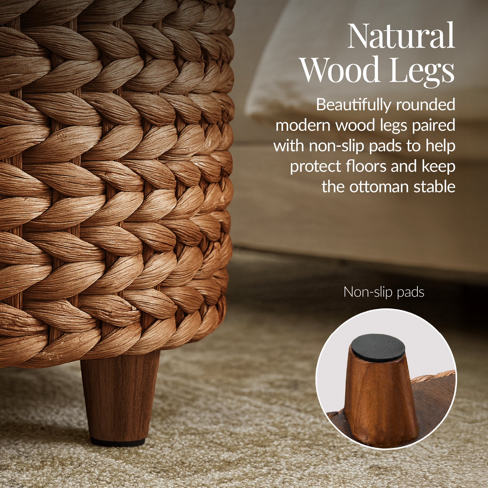 17\" Round Storage Ottoman with Lid Handwoven Water Hyacinth Footstool